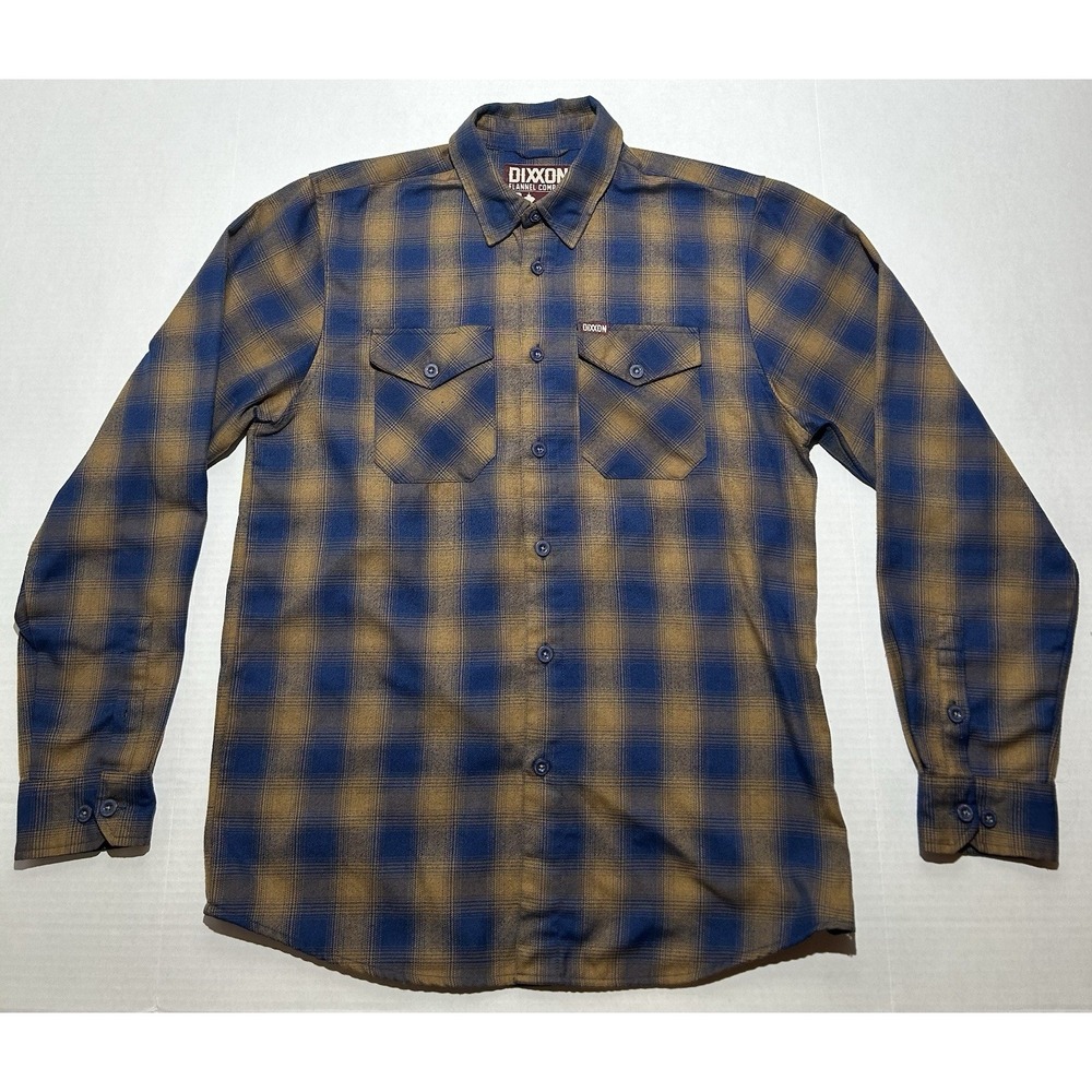 Dixxon Flannel Shirt The Eddie Men's Medium Blue Brown Plaid Long Sleeve Biker